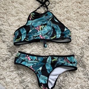 Black Floral Halter Neck Bikini Set